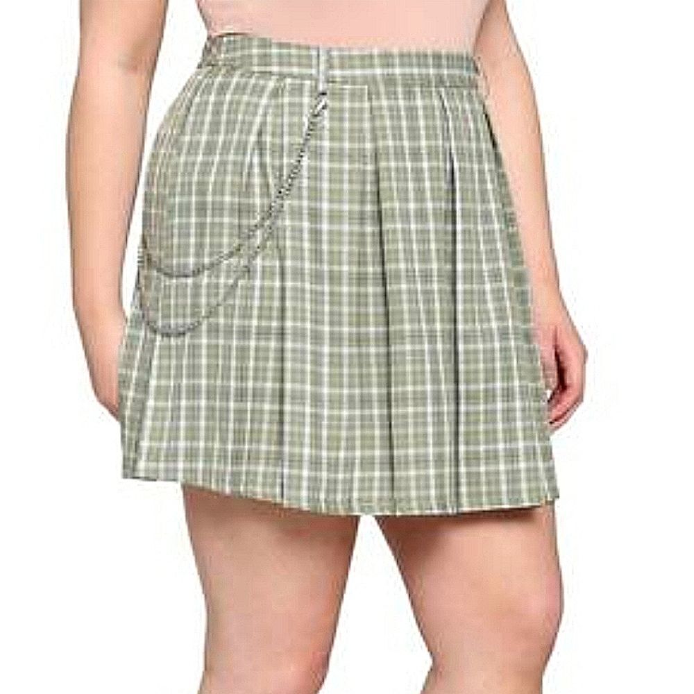 Hot Topic Women's Plaid Green Pleat Grunge Academia Chain Mini Skirt Size Large